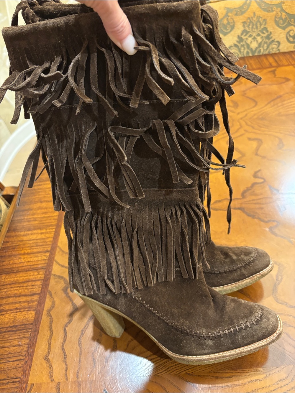 Fringe Suede Mid-Calf Heeled Boots - Brown size 7 Rubber Soles - Picture 5 of 7